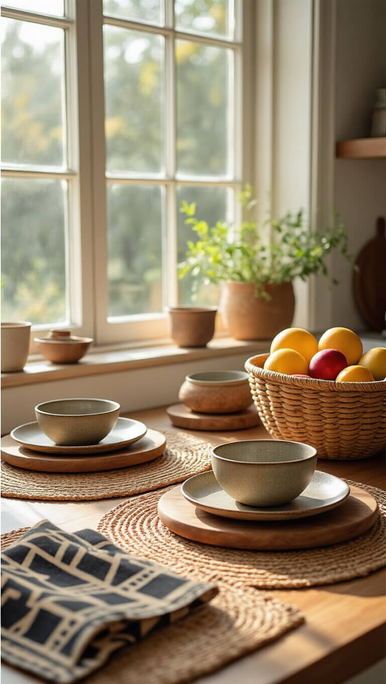 Counter-height view of breakfast scene with handmade ceramics, wooden boards, fresh fruit in African basket, and mud cloth napkins bathed in morning light.