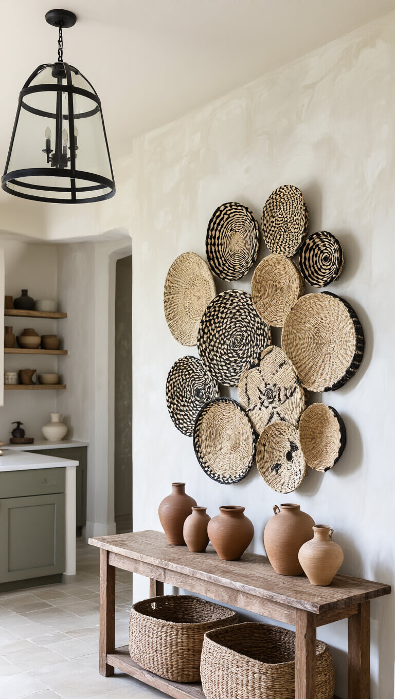 Wide shot of kitchen entrance with statement wall displaying oversized African baskets in natural fibers and black patterns, pendant light casting shadows, and vintage wooden console holding pottery.