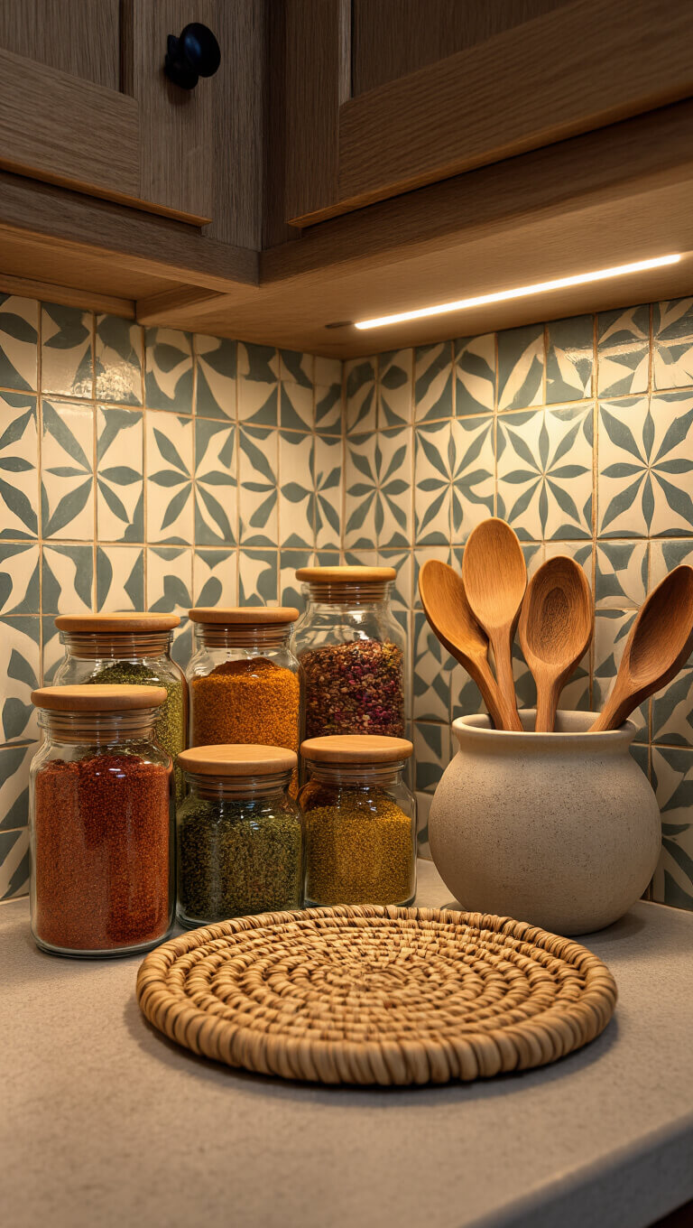 Spice storage with glass jars, wooden lids, and handcarved spoons against geometric tile and warm lighting.