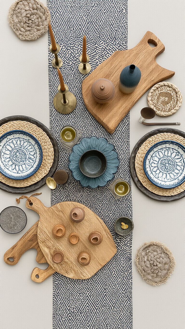 Overhead view of island workspace styled for entertaining with carved wooden boards, earthy pottery, woven chargers, ceramic plates, brass candlesticks, and a mud cloth runner.