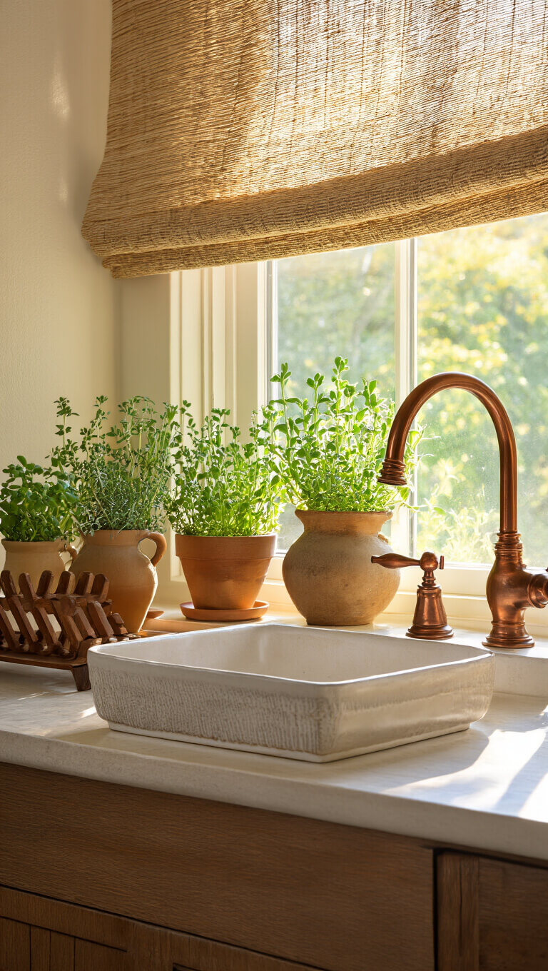 Late afternoon sunlight filtering through handwoven curtains onto ceramic sink with copper faucet, potted herbs, and ceramic dish rack.