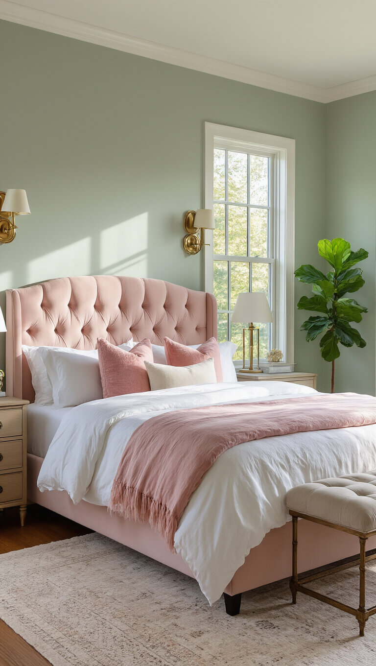 Serene 14x16ft bedroom with sage green walls, blush pink tufted headboard, white linens, pink throw pillows, brass accents, and morning light through floor-to-ceiling windows.