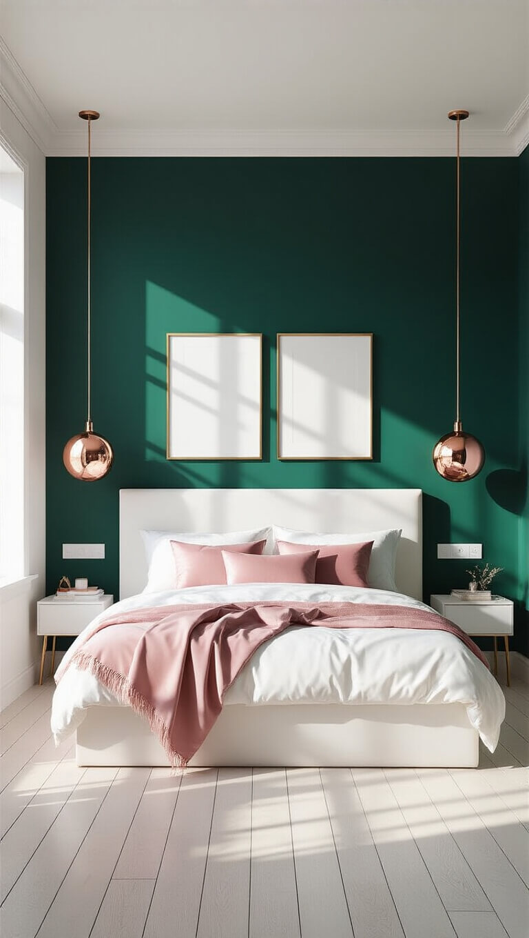 Modern bedroom with emerald green accent wall, white platform bed, pink silk accents, rose gold pendant lights, and geometric sunlight on white oak floors.