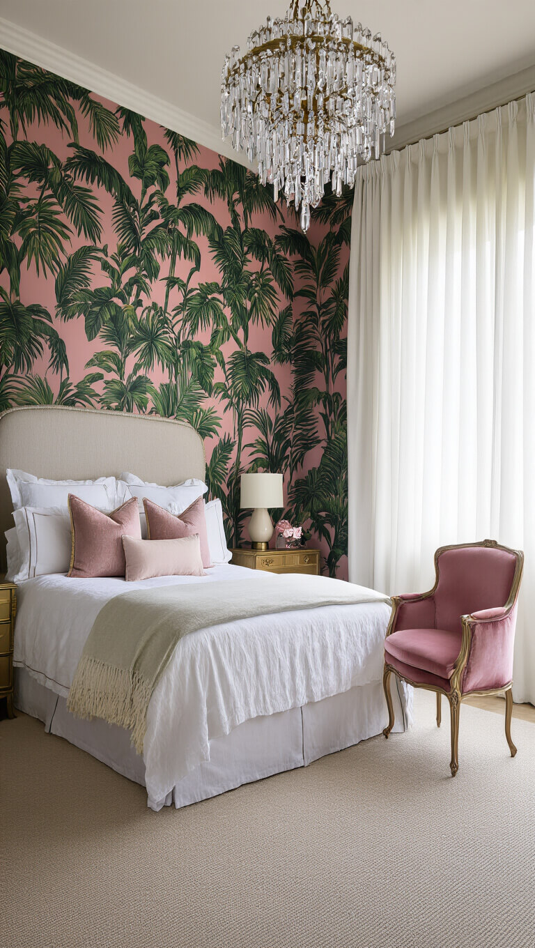 Spacious master bedroom with bold green palm leaf wallpaper, crystal chandelier, ivory bedding, vintage brass vanity with pink velvet chair, and sheer white curtains in moody afternoon light.