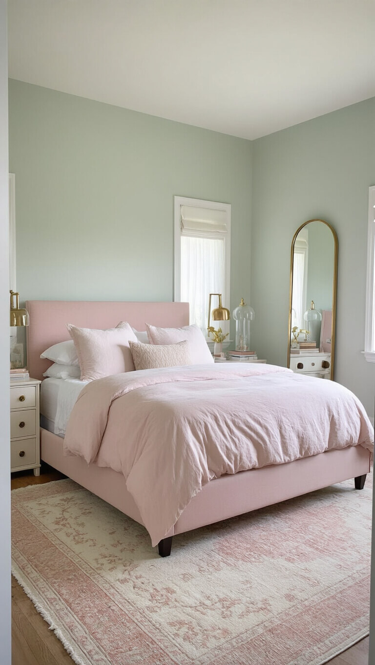 Small bedroom with blush pink bed, light sage walls, mirrored accents, and soft natural lighting.