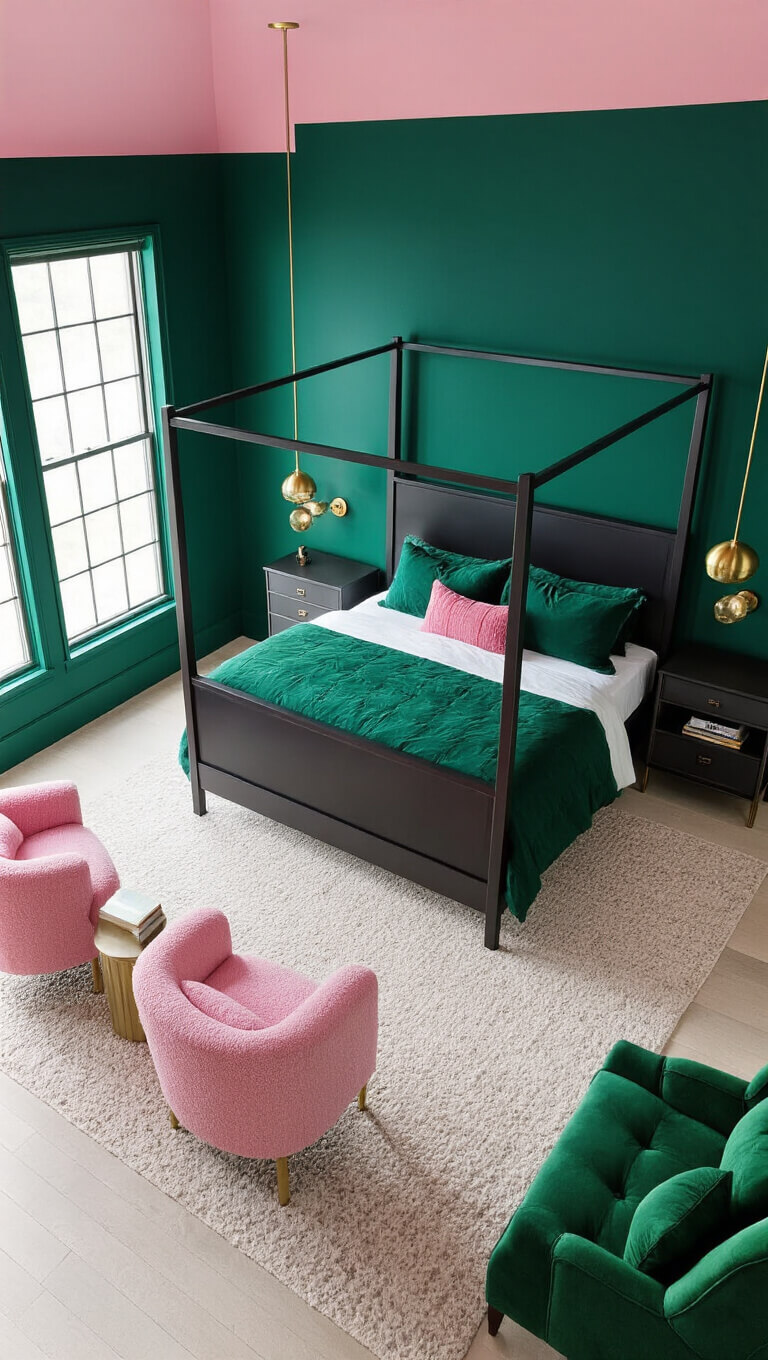 Spacious bedroom with emerald and pink color-blocked walls, matte black four-poster bed, pink bouclé chairs, green velvet chaise, and brass accents, viewed from above.