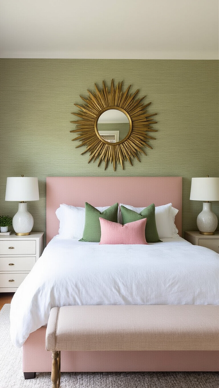 Contemporary bedroom with sage green grasscloth wallpaper, large pink linen headboard, brass sunburst mirror, white bedding, green and pink pillows, and asymmetrical ceramic lamps in natural morning light.