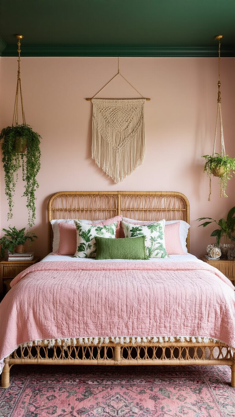 Bohemian bedroom with green ceiling, pink walls, rattan bed, vintage pink quilts, botanical pillows, macramé, hanging plants, brass mobile, and Turkish rug lit by golden hour glow and visible warm lighting.
