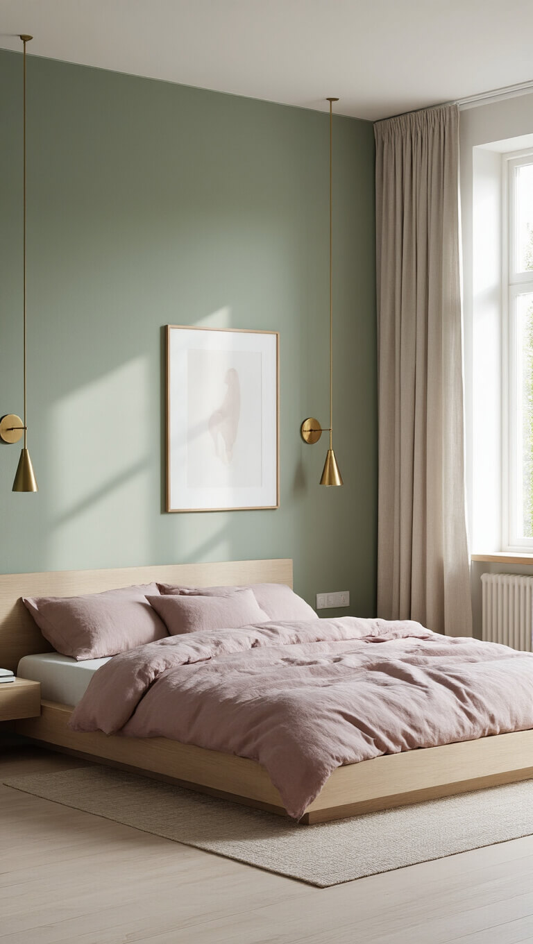 Scandinavian modern bedroom with sage green accent wall, dusty pink bedding, brass sconces, pale wood furniture, and natural morning light.