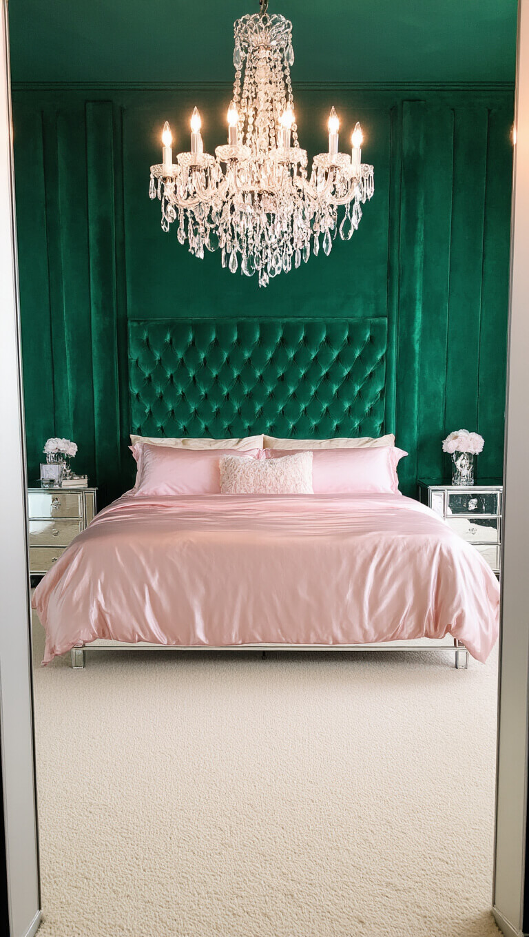 Luxurious bedroom with emerald green velvet walls, pink silk bedding on king bed, crystal chandelier, mirrored furniture, and cream carpet, viewed from doorway in evening light.
