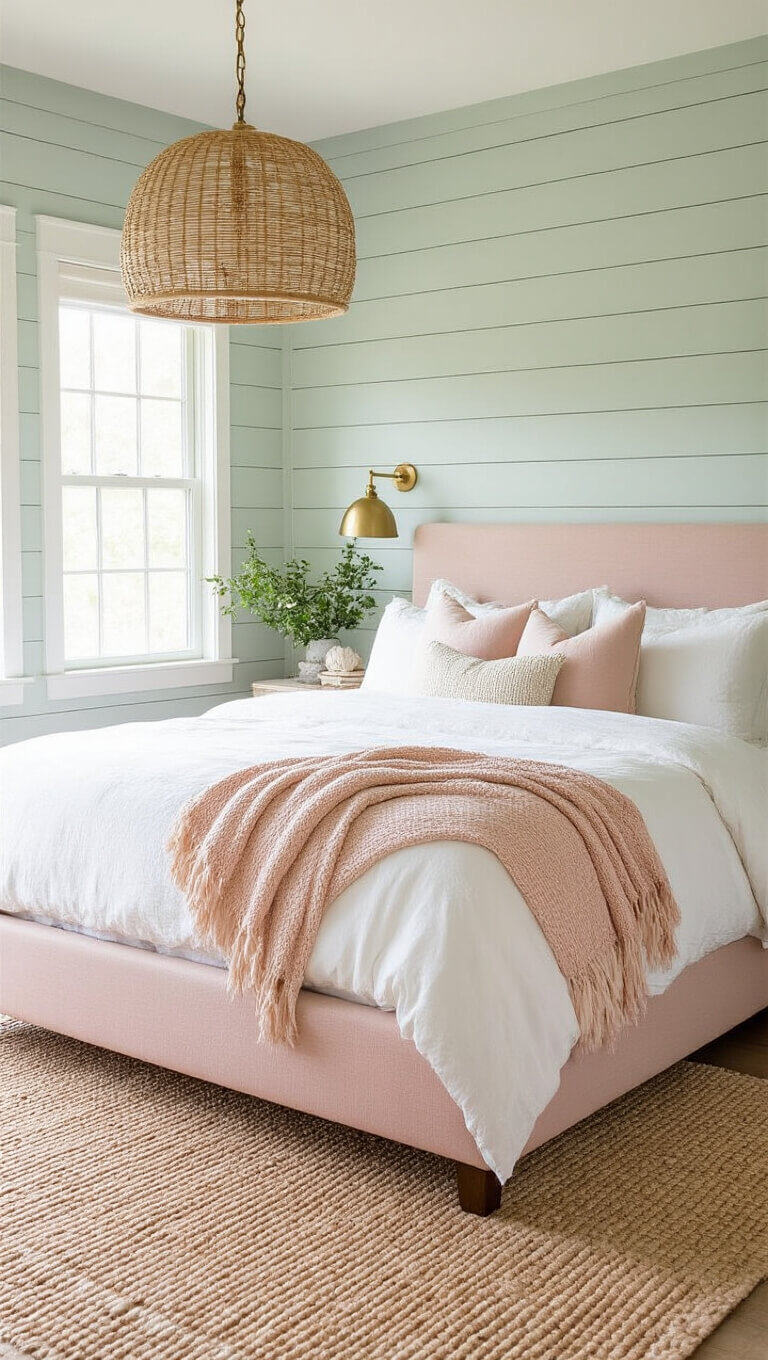 Coastal bedroom with sage shiplap walls, blush upholstered bed, white bedding, natural rug, woven pendant, brass accents, and warm golden hour light.