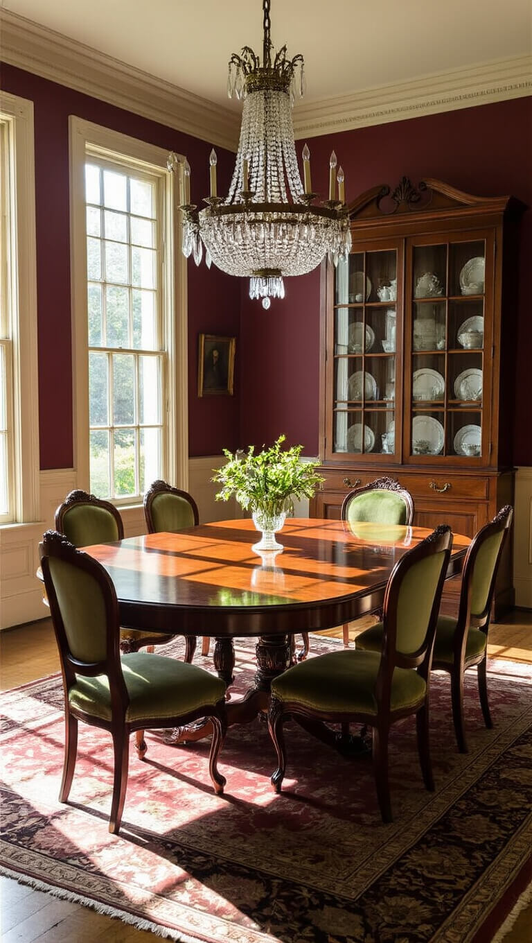 Antique dining room with mahogany table, mismatched Victorian chairs, and warm golden hour lighting through tall windows.