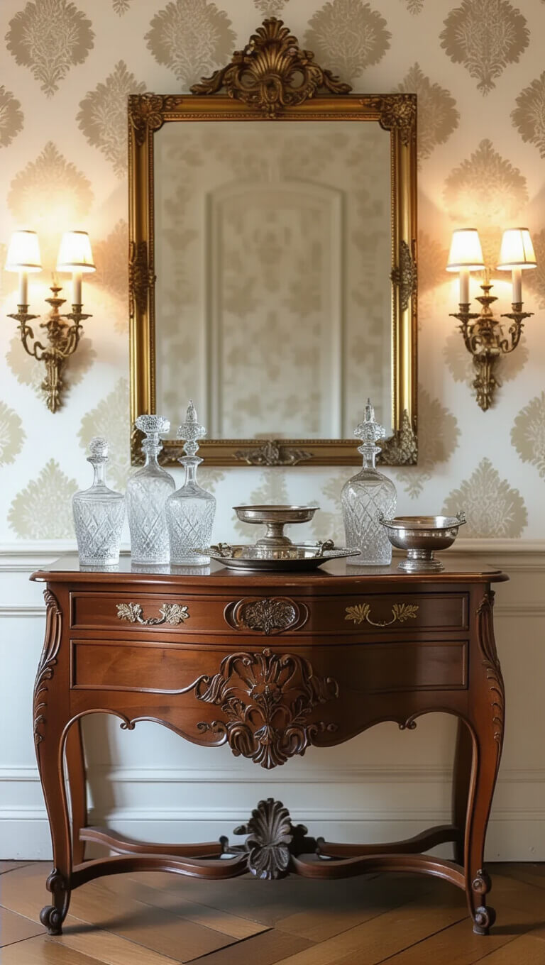 Antique French walnut sideboard with crystal and silver accents under warm sconce lighting, set against cream damask wallpaper and topped with a gilded mirror.