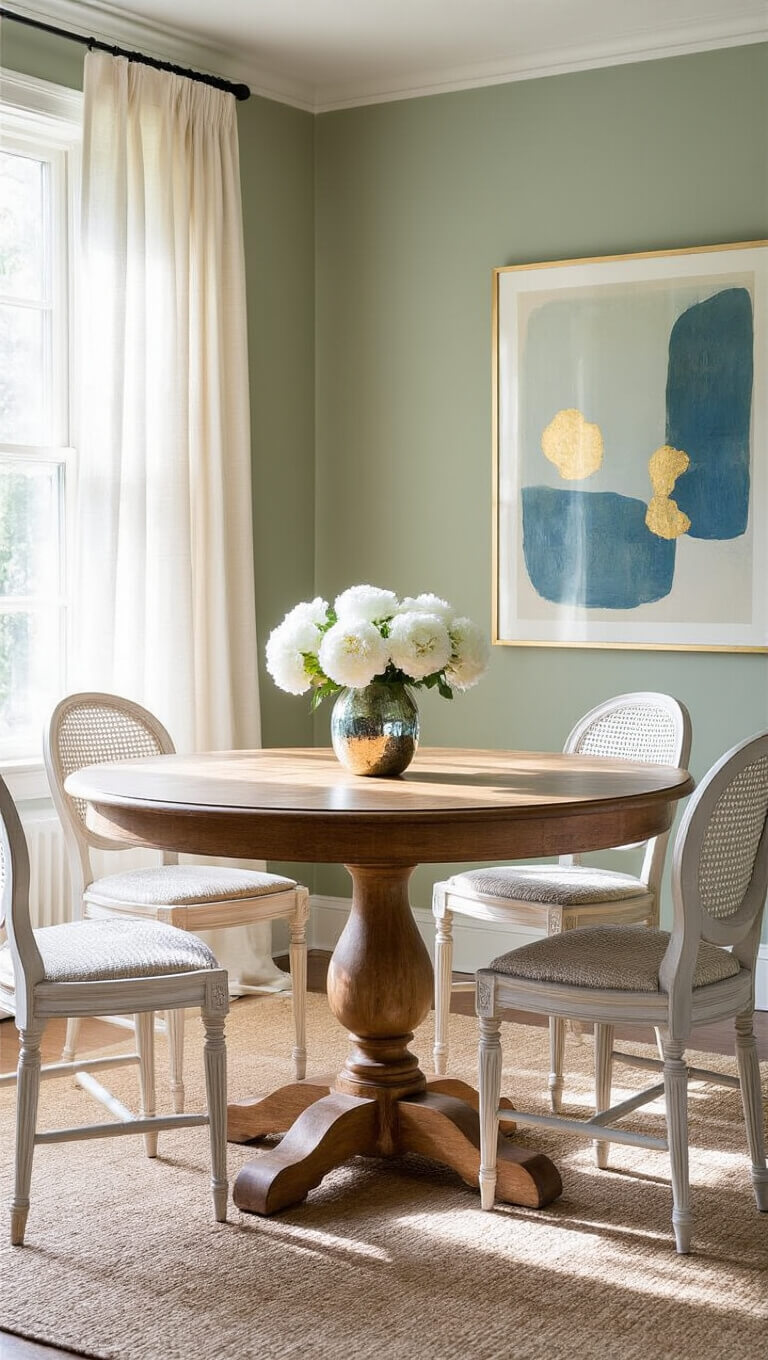 Bright dining room with morning light, featuring a round 1890s oak pedestal table, white Gustavian-style chairs, sage green walls, abstract blue and gold art, and white peonies in a mercury glass vase.