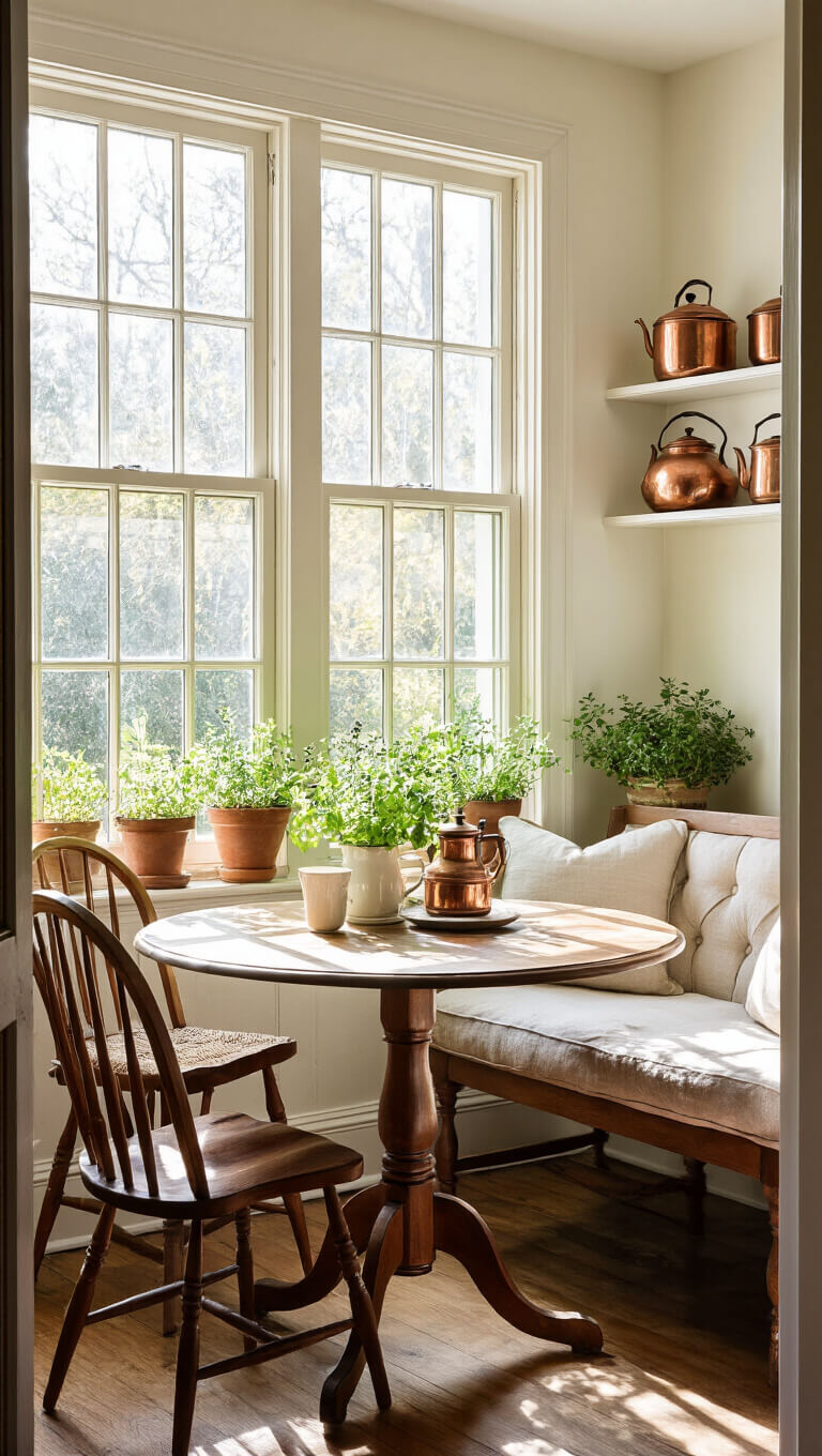 Victorian breakfast nook with sunlit diamond-paned windows, drop-leaf table, Windsor chairs, linen settee, potted herbs, and antique copper kettles.