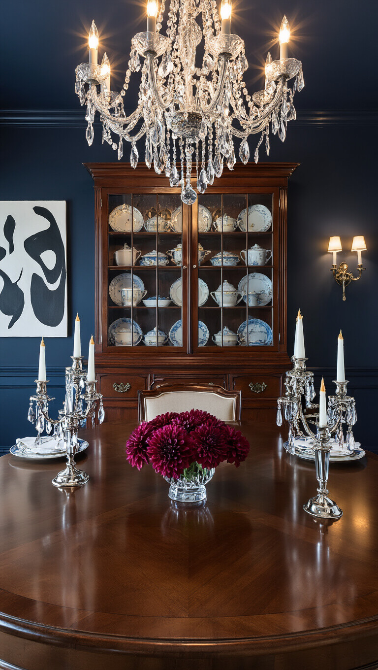 Dramatic dusk-lit formal dining room with mahogany breakfront, crystal chandelier, silver candelabras, and burgundy dahlias against navy walls and modern abstract art.