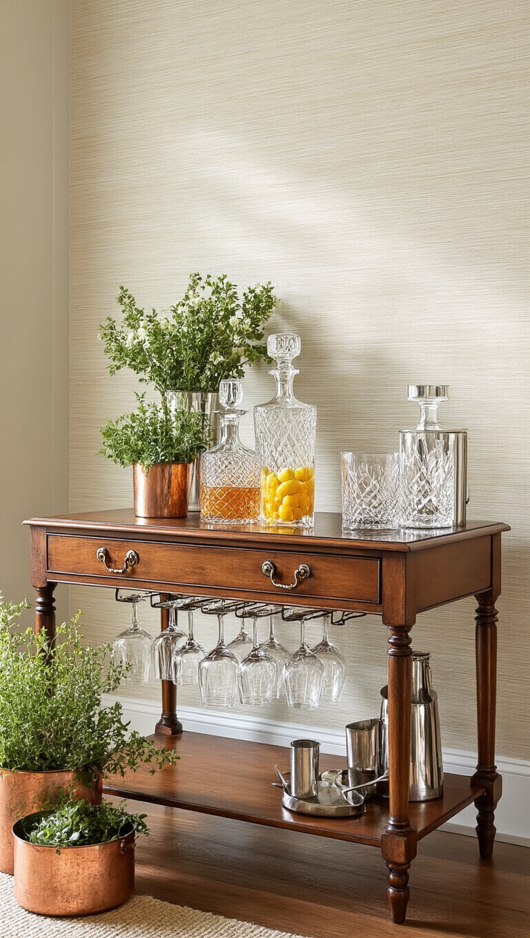 Styled bar vignette with antique secretary desk, crystal decanters, metallic accessories, citrus in copper vessels, and ivory grasscloth backdrop in natural sunlight.