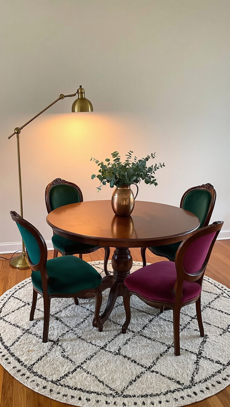 Cozy evening scene with round mahogany table, jewel-toned Victorian chairs, antique copper vase of eucalyptus, brass floor lamp, and geometric rug, viewed from seated eye level in warm lighting.