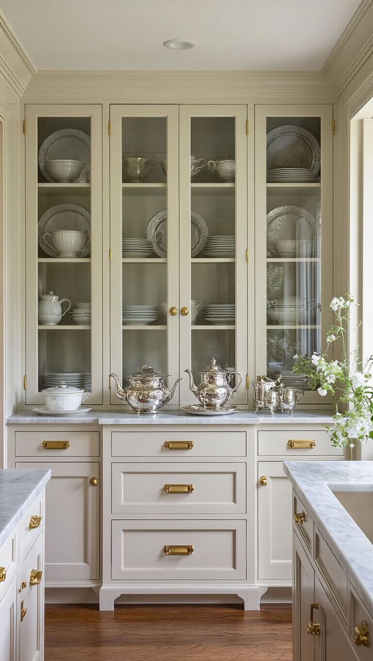 Brightly lit butler's pantry with original glass-front cabinets, vintage and modern serveware, antique silver tea set on marble countertop, and modern brass hardware.
