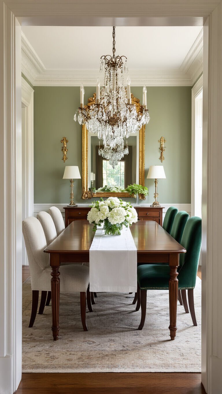 Elegant formal dining room at early evening with a long mahogany table, emerald velvet chairs, white floral centerpiece, crystal chandelier, gilded mirrors, and sage green walls.