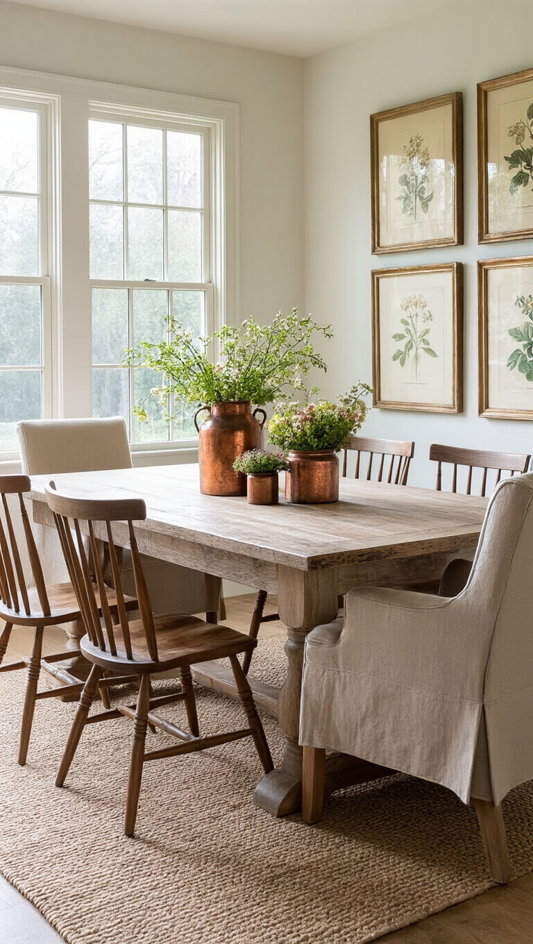 Casual dining area with distressed oak farmhouse table, mixed Windsor and upholstered chairs, vintage botanical prints, and antique copper flower vessels in soft morning light.