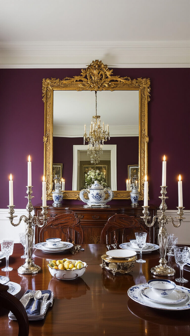 Dramatic formal dining room at night with carved mahogany sideboard, gilded mirror, silver candelabras, antique and modern table settings, and deep aubergine walls.