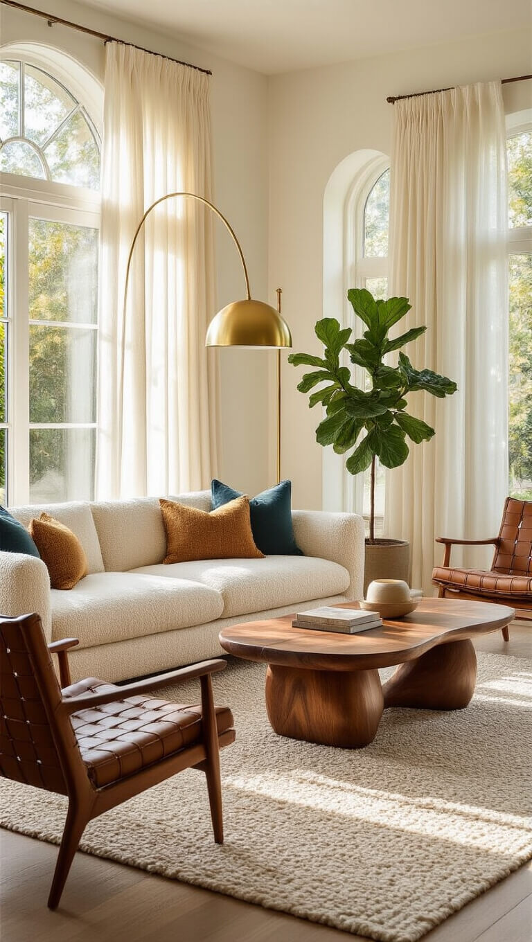 Sunlit modern living room with ivory bouclé sofa, walnut coffee table, geometric rug, arched brass lamp, and fiddle leaf fig in golden hour lighting.