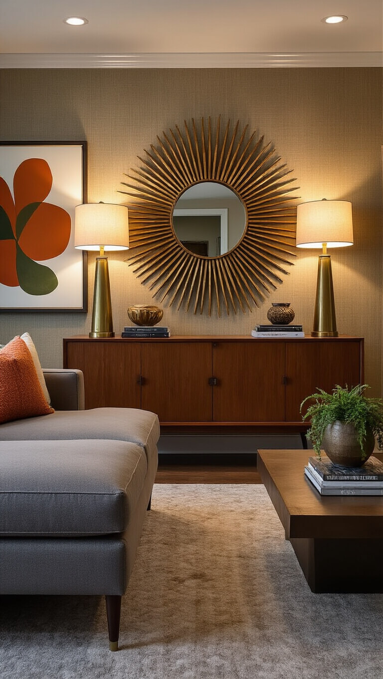 Sophisticated 12'x18' living room at dusk with teak sideboard, starburst mirror, gray sectional, vintage brass lamps, abstract art, and textured wallpaper.