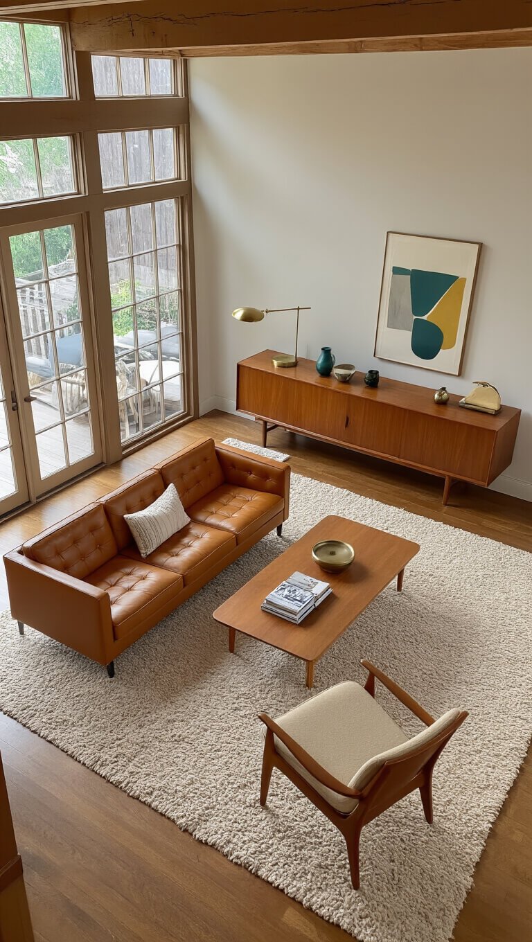 Wide-angle view of a mid-century modern open-concept living space with a cognac leather sofa, oak wishbone chairs, walnut credenza, and floor-to-ceiling windows in soft mid-morning light.