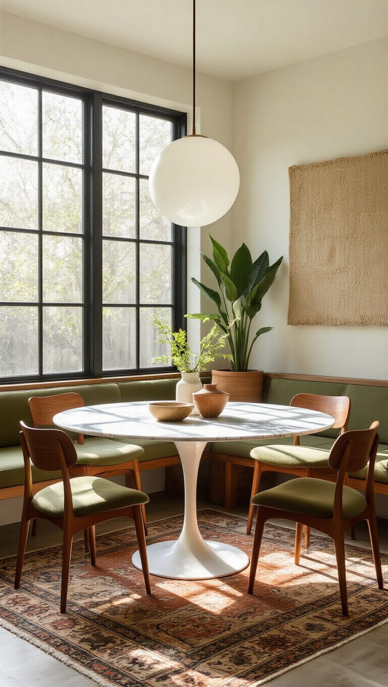High-angle view of a sunlit breakfast nook with a white marble tulip table, walnut and olive green chairs, Moroccan rug, Nelson bubble pendant, and mixed natural materials in warm tones.