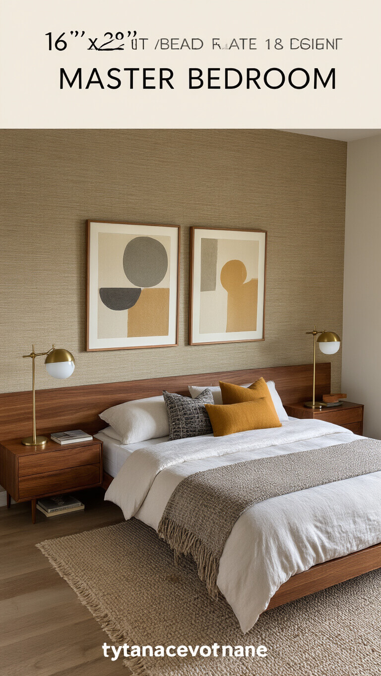 Master bedroom at dawn with platform bed, walnut nightstands, brass Danish lamps, abstract art, and layered linen bedding in warm earth tones.