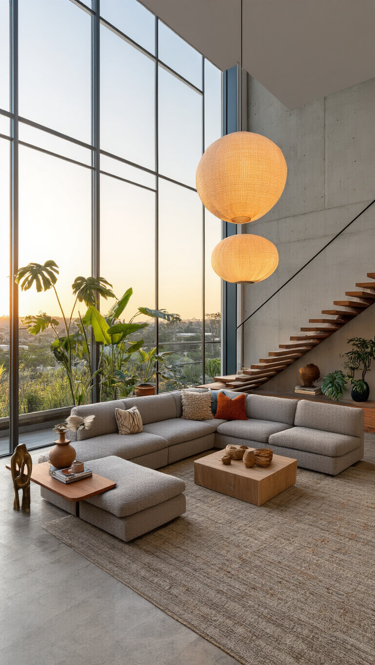 Great room at sunset with a built-in gray bouclé conversation pit, floating walnut staircase, dramatic pendant light, vintage decor, and warm, textured materials.