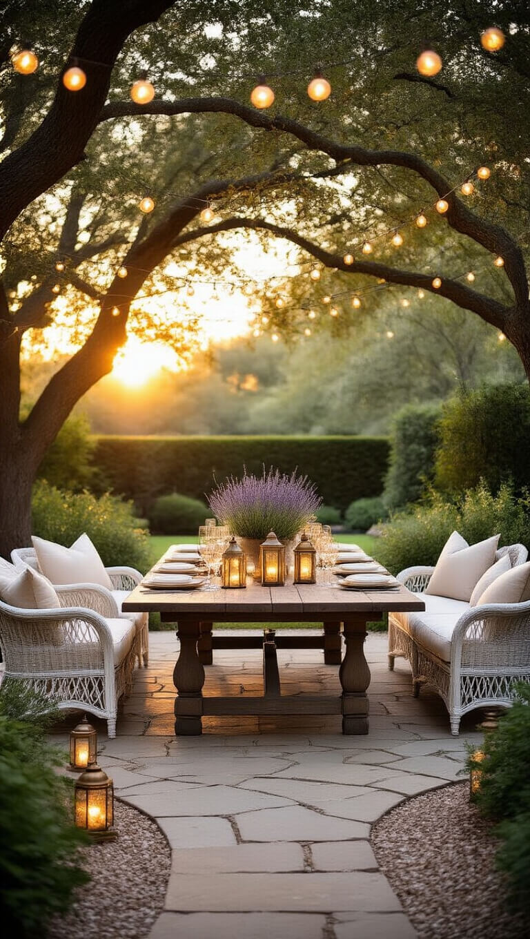 Romantic twilight garden with vintage table, string lights, and elegant seating under oak trees at sunset.