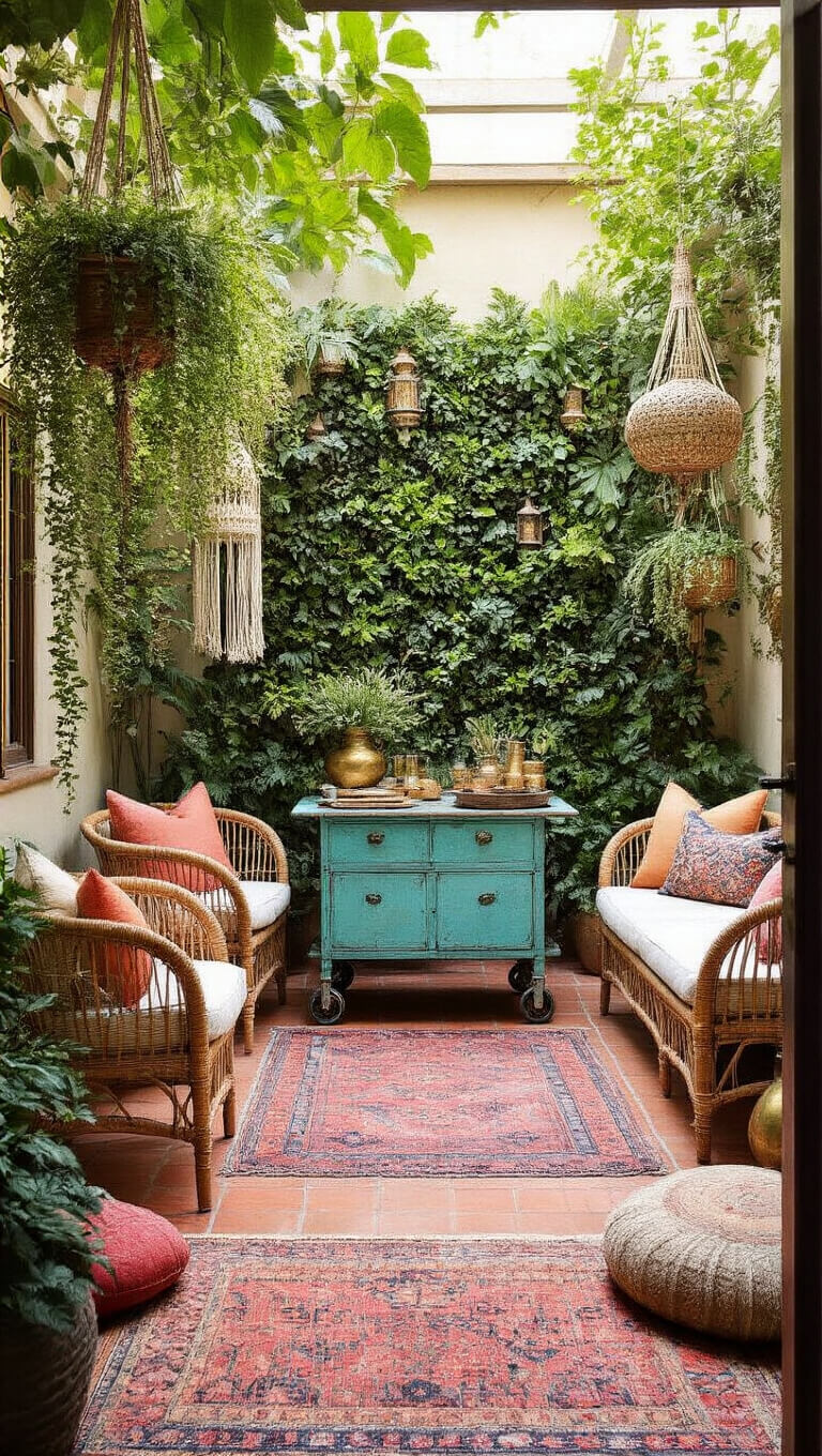 Bohemian garden lounge with rattan seating, vintage turquoise cart, Turkish rugs, macramé planters, jewel-tone cushions, Moroccan lanterns, and vertical garden wall in sunny courtyard.