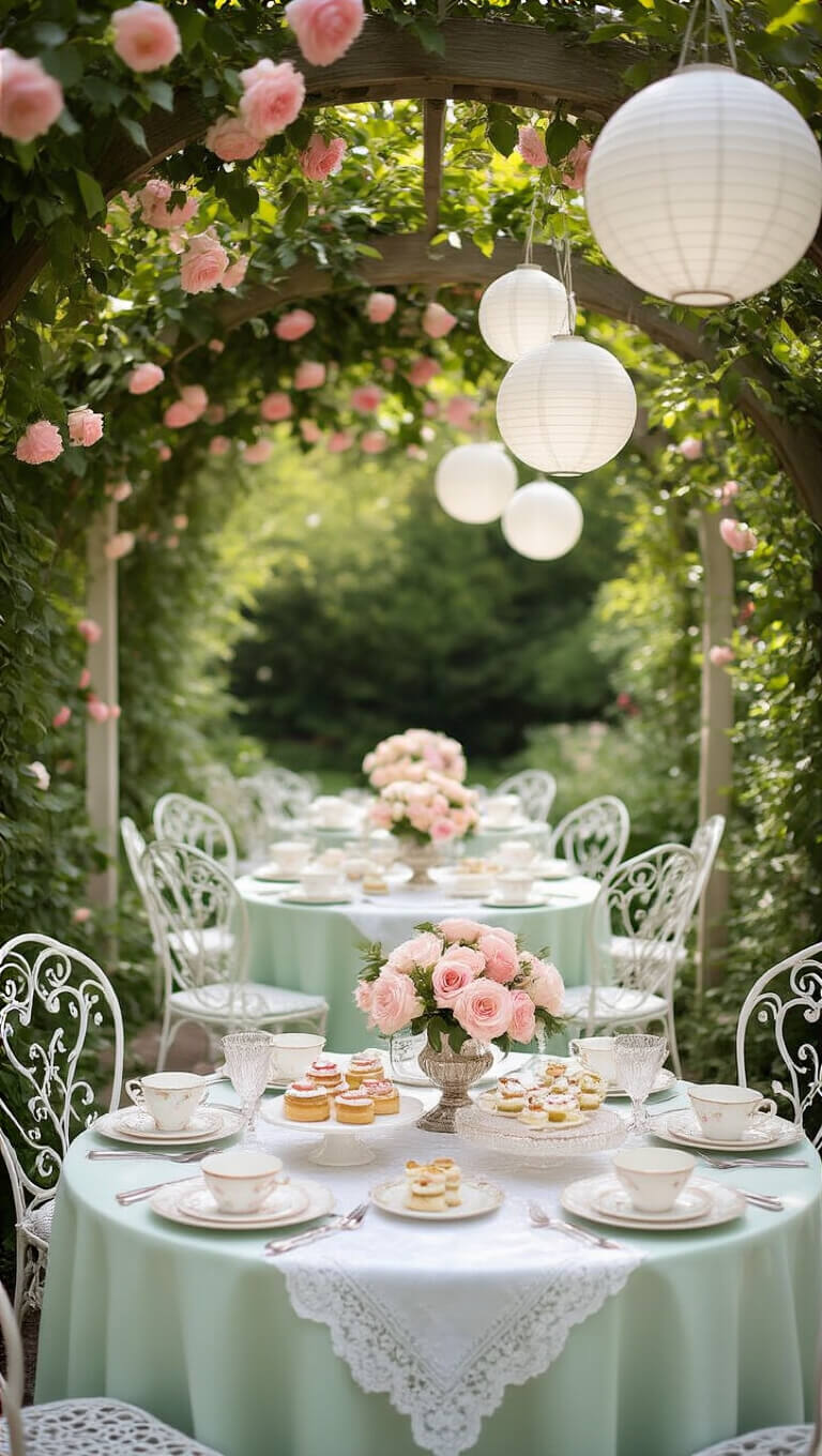 Elegant garden tea party under rose-covered arbor with vintage bistro sets, lace table runners, and pastel décor in soft morning light.