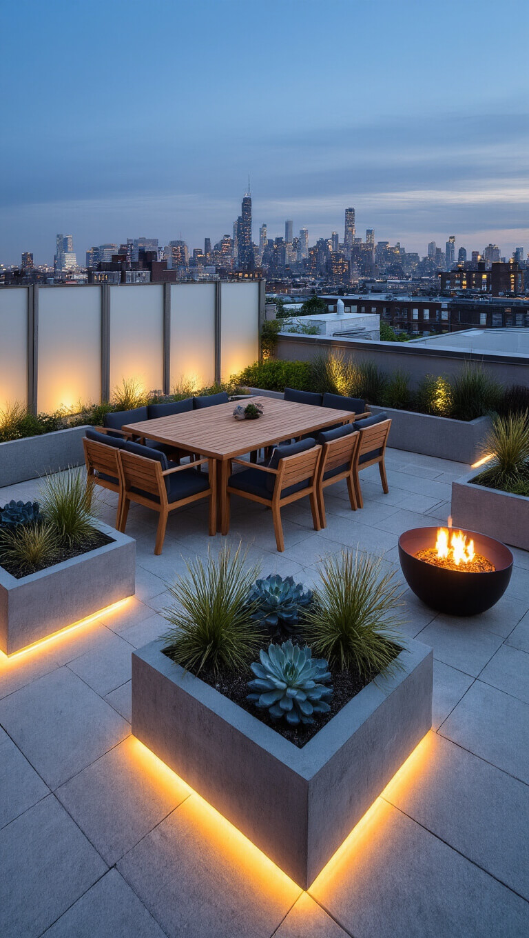 Modern minimalist rooftop garden terrace with teak dining set, concrete planters, LED uplighting, and fire bowl, overlooking city skyline at dusk.