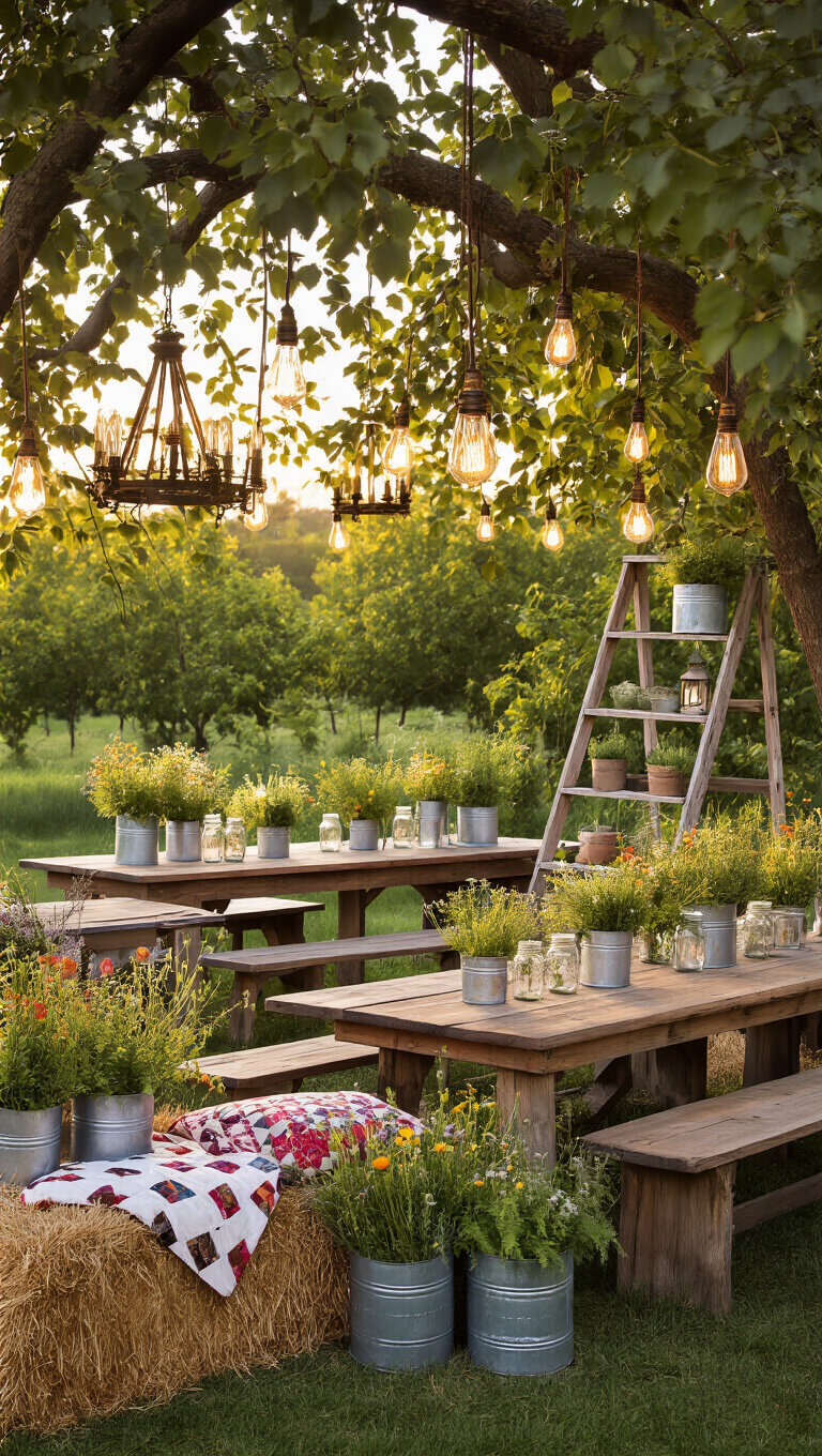 Rustic countryside garden gathering with U-shaped barn wood tables under apple trees, mason jar chandeliers, wildflowers in metal containers, hay bale seating with quilts, and vintage ladder decor at golden hour.