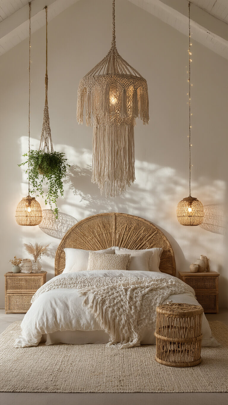 Boho bedroom at twilight with macramé pendant, ambient rattan lighting, glass sconces, and hanging plants casting warm shadows on textured white walls.