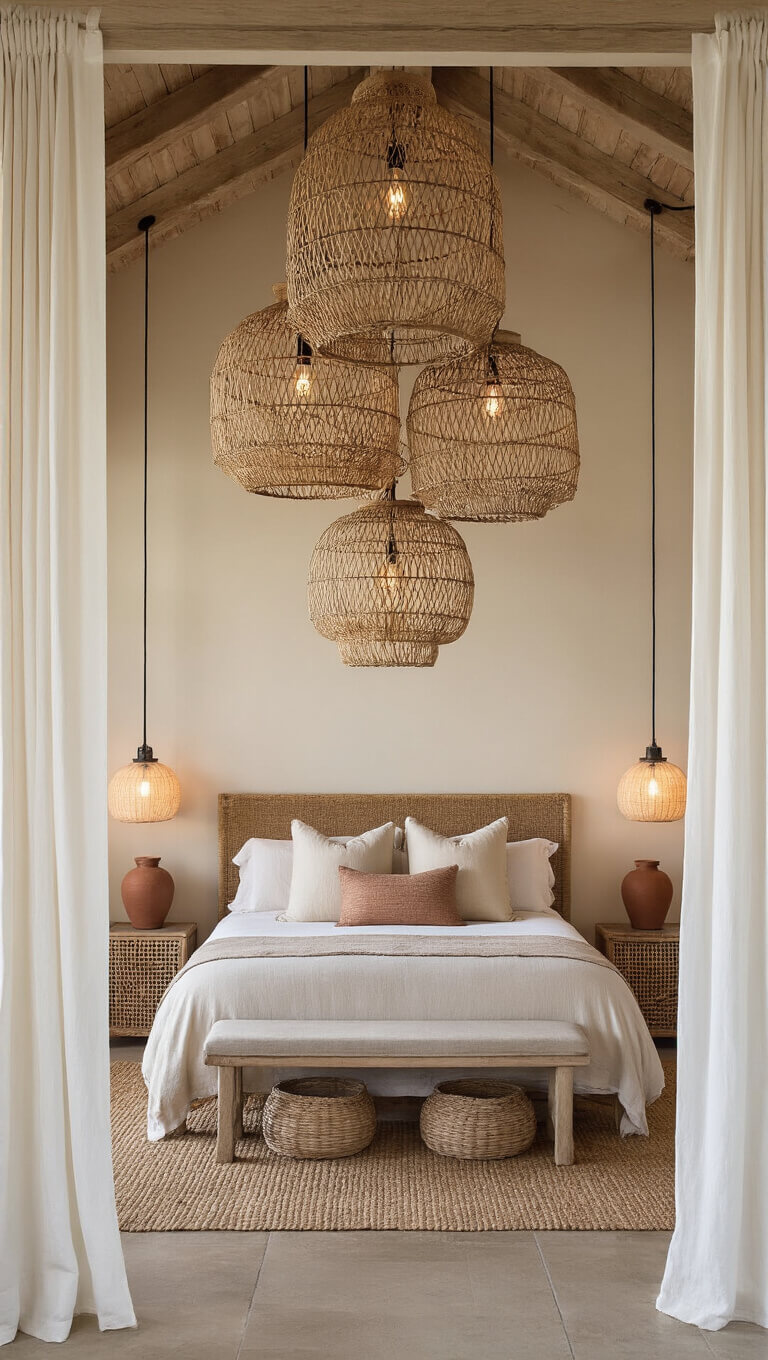 Ethereal dusk-lit master bedroom with layered lighting, featuring wicker pendants, Edison bulb glow, ceramic lamps, and vintage copper accents in warm natural tones.