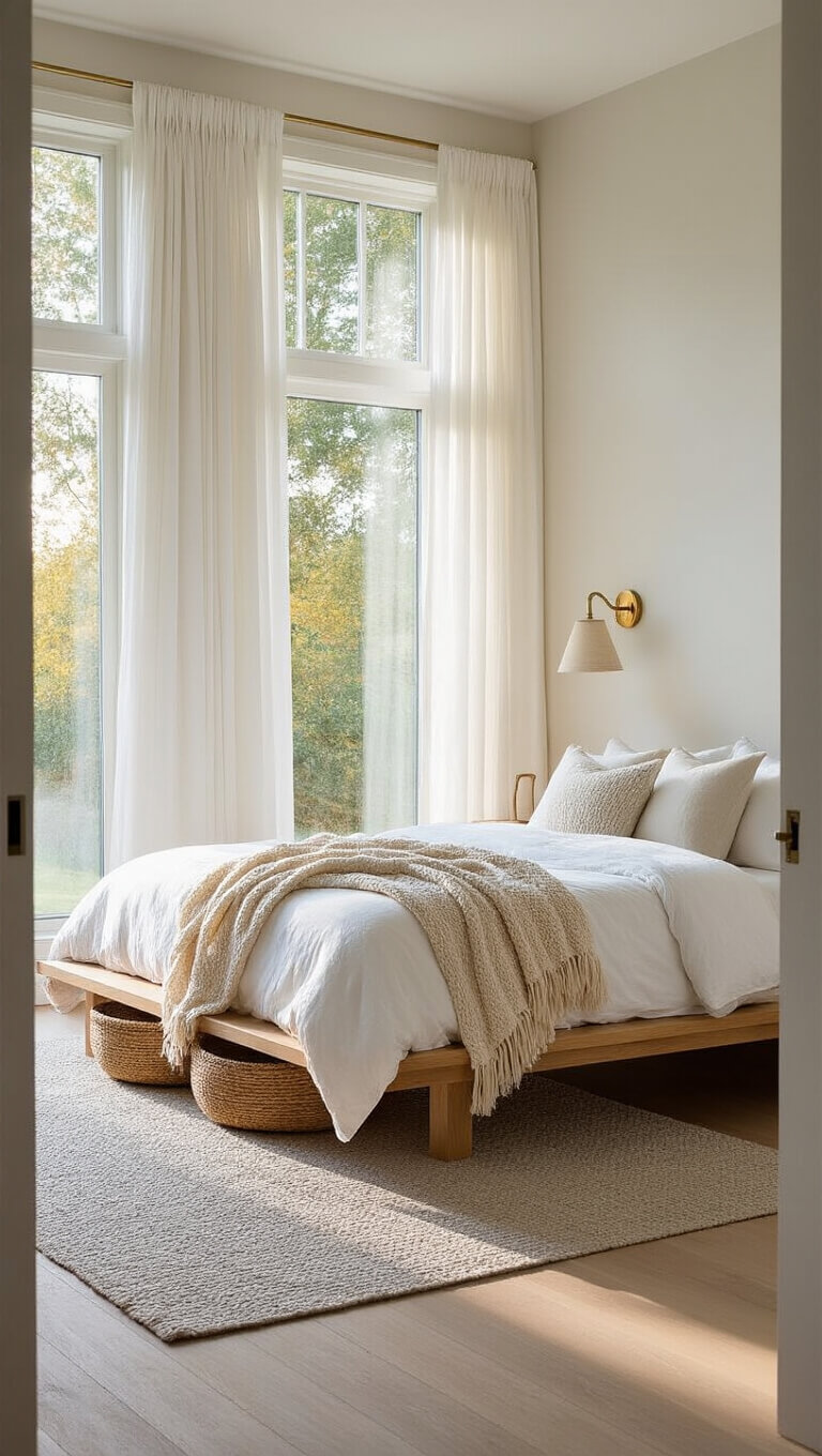 Peaceful master bedroom at dawn with natural oak platform bed, white linens, and diffused morning light through floor-to-ceiling windows.