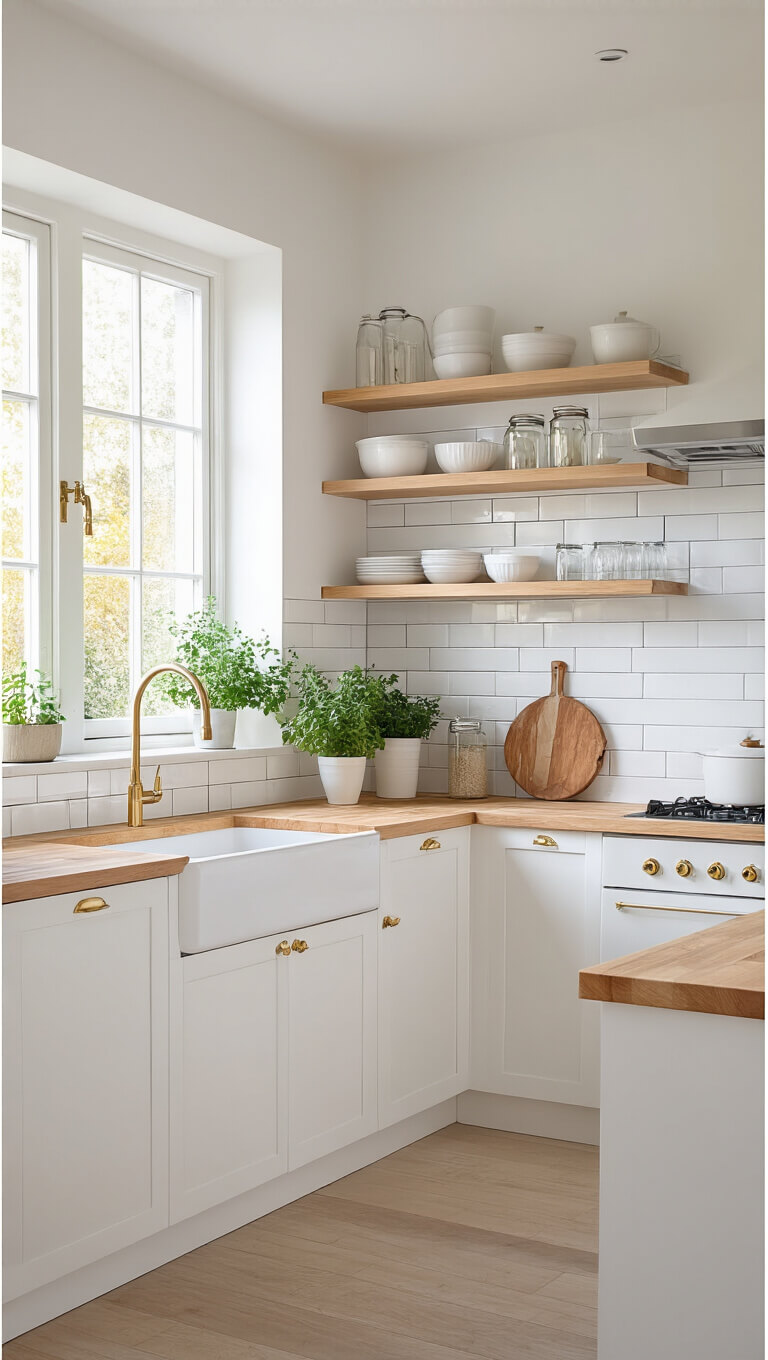 Modern Scandinavian kitchen with matte white cabinets, butcher block countertops, and open bleached oak shelving displaying white ceramics and glass containers; farmhouse sink under window with herbs, white subway tile backsplash, and brass hardware.