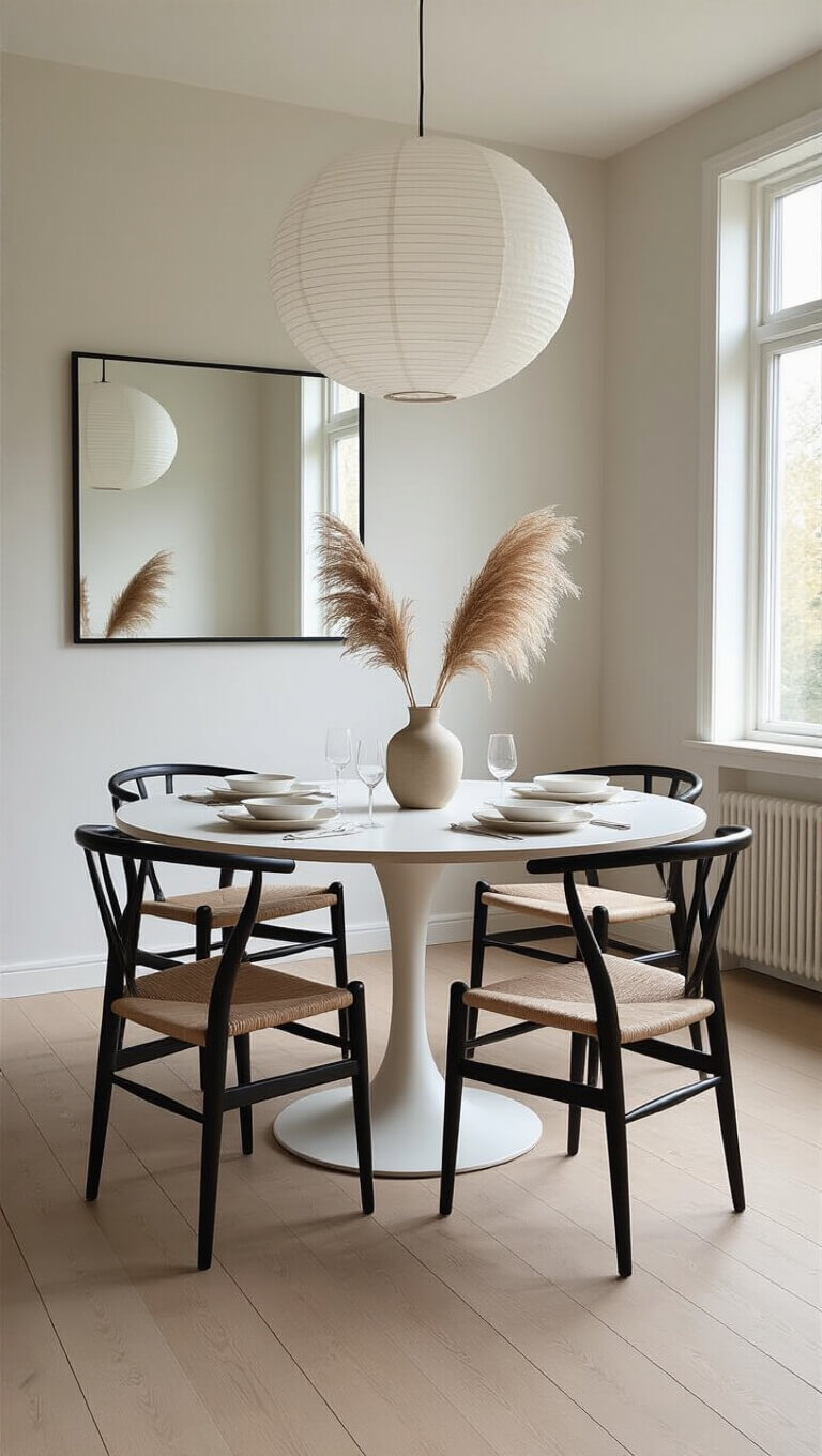 Minimalist dining room with round white oak table, black chairs with woven seats, large paper pendant lamp, and pampas grass centerpiece, bathed in golden hour light.