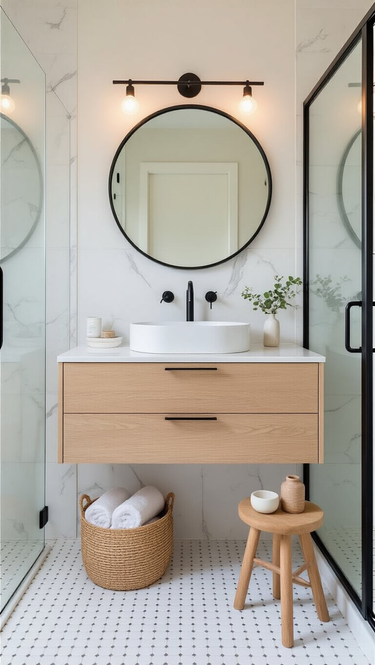 Modern spa-like bathroom with warm white marble-look tiles, floating light oak vanity, vessel sink, black fixtures, and glass shower enclosure.