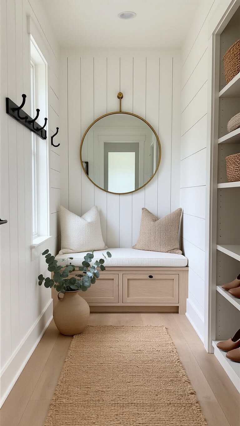 Bright entryway with built-in bleached oak bench, white cushion, neutral pillows, brass-framed round mirror, black coat hooks on white shiplap, jute runner, ceramic vase with eucalyptus, and white wall-mounted shoe storage.