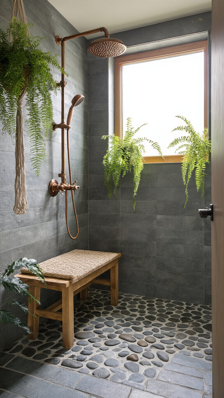 Serene wet room with slate gray tiles, reclaimed oak accent wall, brass shower on copper pipes, river rock floor, wooden bench, and hanging ferns in morning light.