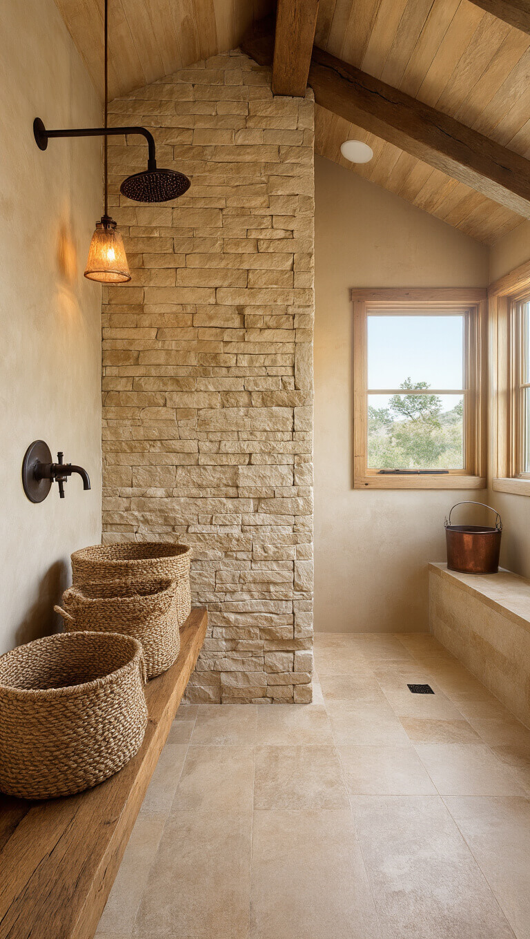 Rustic 6x8ft wet room with stacked stone wall, exposed wooden beams, bronze fixtures, travertine tiles, jute baskets on wood shelves, and vintage copper planter at golden hour.