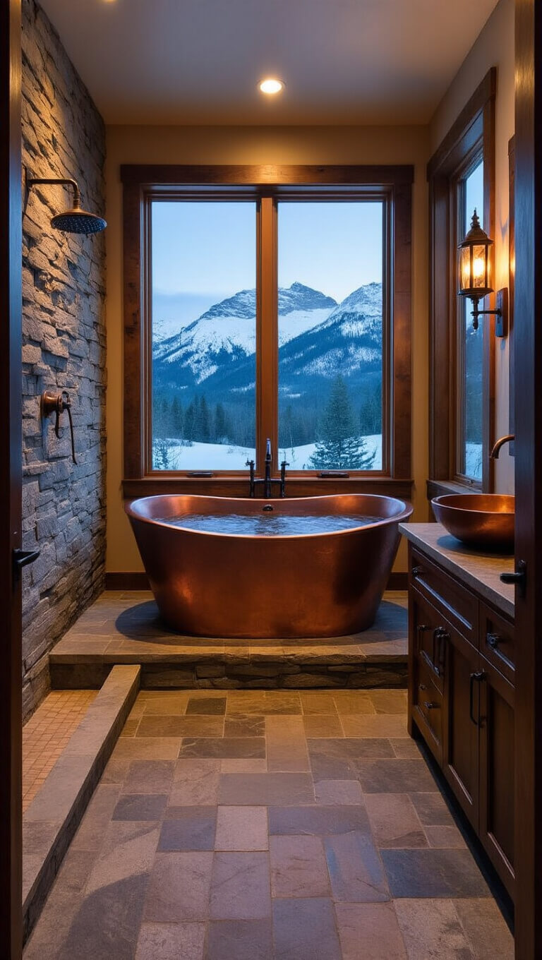 Luxurious mountain lodge wet room with copper tub, slate herringbone floor, rock waterfall shower, and panoramic snowy peak view at dusk.