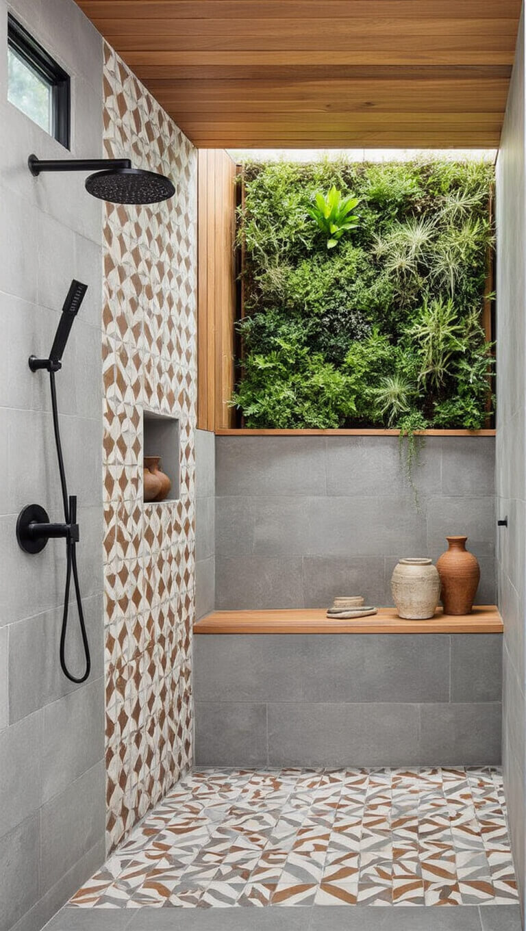 Contemporary rustic 9x11ft wet room with earth-tone geometric tiles, teak slat wall, matte black fixtures, niche with wood shelving and pottery, and air plant living wall.