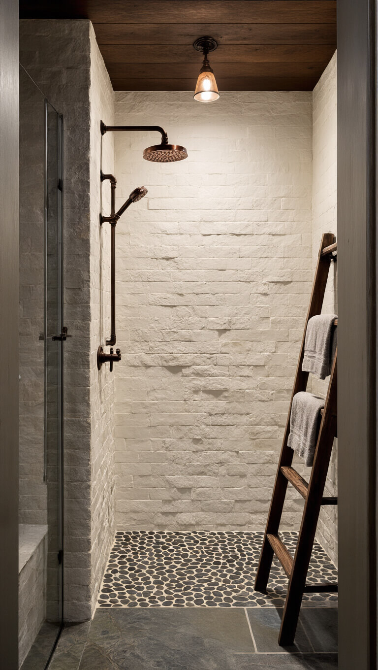 Cozy 7x9ft cabin-style wet room with copper rain shower, pebble and slate flooring, white-washed stone walls, dark walnut beams, and vintage ladder towel rack, lit by bronze sconces at twilight.