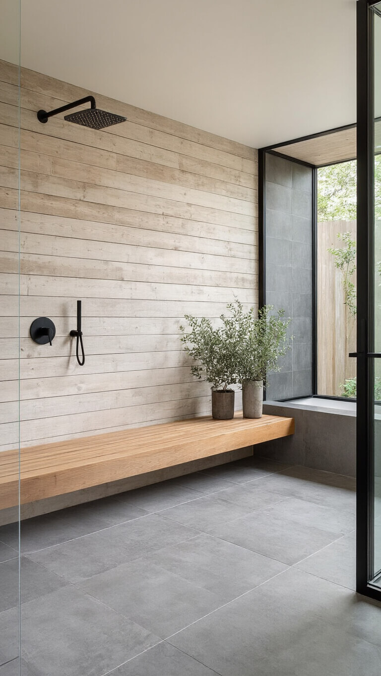 Minimalist rustic 10x12ft wet room with bleached cedar feature wall, wall-mounted waterfall shower, warm gray concrete tiles, floating teak bench, black steel-framed glass divider, and potted eucalyptus in morning light.